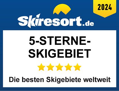 Grafik mit dem Logo von Skiresort.de und der Auszeichnung „5-Sterne-Skigebiet 2024 – Die besten Skigebiete weltweit“
