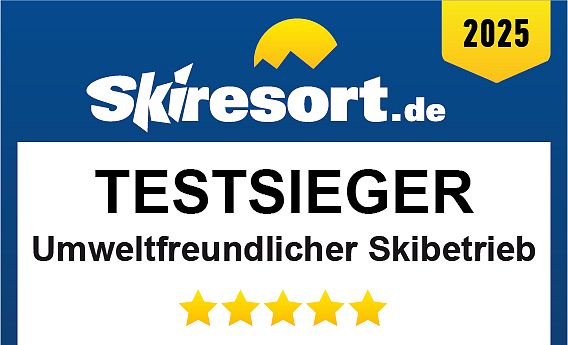 Testsieger-Auszeichnung 2025 von Skiresort.de für umweltfreundlichen Skibetrieb an die SkiWelt Wilder Kaiser – Brixental mit fünf Sternen.