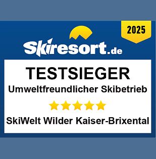 Testsieger-Auszeichnung 2025 von Skiresort.de für umweltfreundlichen Skibetrieb an die SkiWelt Wilder Kaiser – Brixental mit fünf Sternen.