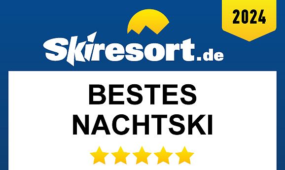 Grafik von Skiresort.de mit der Aufschrift „Bestes Nachtski – 5 Sterne – SkiWelt Söll“, ausgezeichnet für das Jahr 2024