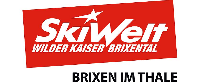 Rotes Winter Skigebiet Logo SkiWelt Wilder Kaiser Brixental mit Ortsangabe Bergbahn Brixen im Thale