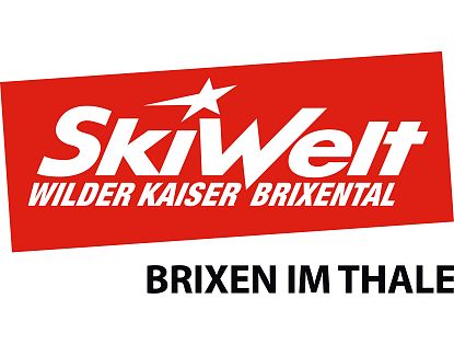 Rotes Winter Skigebiet Logo SkiWelt Wilder Kaiser Brixental mit Ortsangabe Bergbahn Brixen im Thale