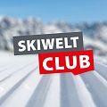 The image features the text 'SKIWELT CLUB' in bold letters, positioned against a blurred snowy landscape with ski tracks and mountains in the background.