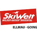 Rotes Winter Skigebiet Logo SkiWelt Wilder Kaiser Brixental mit Ortsangabe Bergbahn Ellmau und Going