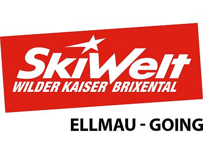 Rotes Winter Skigebiet Logo SkiWelt Wilder Kaiser Brixental mit Ortsangabe Bergbahn Ellmau und Going