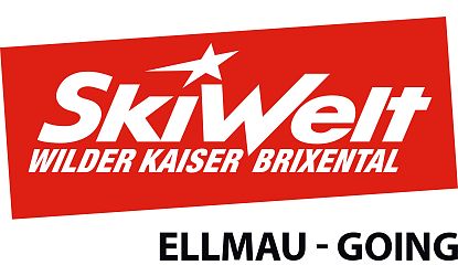 Rotes Winter Skigebiet Logo SkiWelt Wilder Kaiser Brixental mit Ortsangabe Bergbahn Ellmau und Going