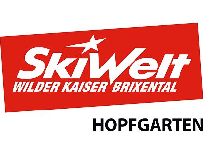 Rotes Winter Skigebiet Logo SkiWelt Wilder Kaiser Brixental mit Ortsangabe Bergbahn Hopfgarten