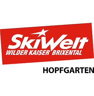 Rotes Winter Skigebiet Logo SkiWelt Wilder Kaiser Brixental mit Ortsangabe Bergbahn Hopfgarten