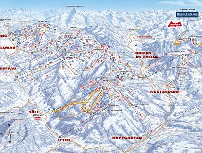 Eine detaillierte Ski-Piste-Karte der SkiWelt Wilder Kaiser-Brixental. Sie zeigt 275 km Pisten, 81 Bahnen und Lifte sowie 80 urige Hütten in einer bergigen Winterlandschaft.
