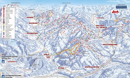 Eine detaillierte Ski-Piste-Karte der SkiWelt Wilder Kaiser-Brixental. Sie zeigt 275 km Pisten, 81 Bahnen und Lifte sowie 80 urige Hütten in einer bergigen Winterlandschaft.