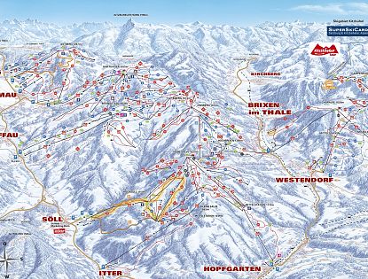Eine detaillierte Ski-Piste-Karte der SkiWelt Wilder Kaiser-Brixental. Sie zeigt 275 km Pisten, 81 Bahnen und Lifte sowie 80 urige Hütten in einer bergigen Winterlandschaft.