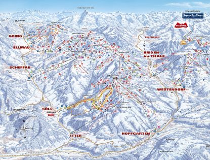 Eine detaillierte Ski-Piste-Karte der SkiWelt Wilder Kaiser-Brixental. Sie zeigt 275 km Pisten, 81 Bahnen und Lifte sowie 80 urige Hütten in einer bergigen Winterlandschaft.
