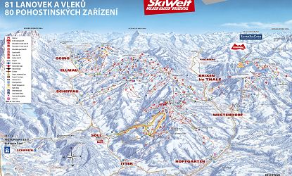 Skigebietskarte mit detaillierten Pisten und Liften, umgeben von verschneiten Bergen. Markierungen für Pisten, Lifte und Orte wie Brixen im Thale sichtbar.