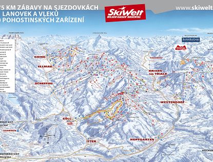 Panorama-Skikarte zeigt Skipisten, Skilifte und Bergmarkierungen in einer verschneiten Berglandschaft. Namen und Routen sind farblich hervorgehoben. Ideal für Wintersport.