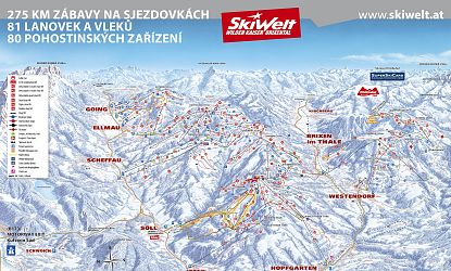 Mapa lyžařského střediska SkiWelt zobrazující sjezdovky a lanovky v zasněžených horách s turistickými informacemi a logem střediska.