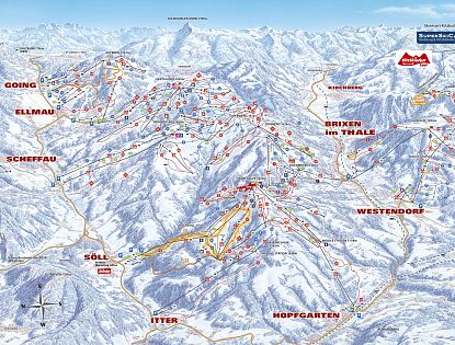 SkiWelt kort med pister, lifter og bjerge, der angiver skiløbsområde.