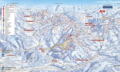 SkiWelt kort med pister, lifter og bjerge, der angiver skiløbsområde.