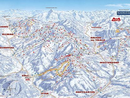 Map of SkiWelt ski resort with ski runs, lifts, and refreshment stops in an alpine setting.