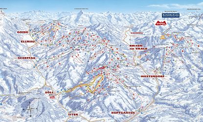 Map of SkiWelt ski resort with ski runs, lifts, and refreshment stops in an alpine setting.