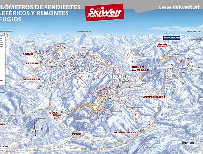 Mapa de SkiWelt con pistas de esquí y teleféricos indicados en un entorno montañoso nevado.