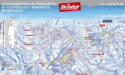 Mapa de SkiWelt con pistas de esquí y teleféricos indicados en un entorno montañoso nevado.