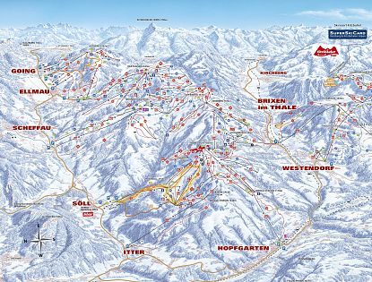 Die Karte zeigt das Skigebiet SkiWelt Wilder Kaiser-Brixental. Sie umfasst 275 Pistenkilometer, 81 Seilbahnen und zahlreiche Gastronomieangebote, umgeben von Alpenlandschaft.