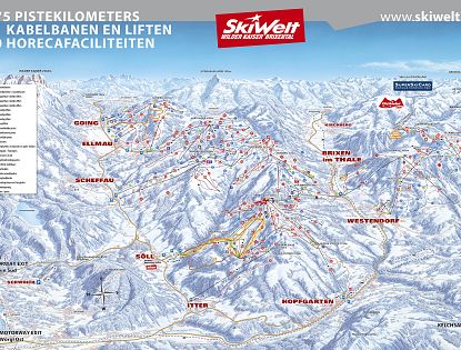 Die Karte zeigt das Skigebiet SkiWelt Wilder Kaiser-Brixental. Sie umfasst 275 Pistenkilometer, 81 Seilbahnen und zahlreiche Gastronomieangebote, umgeben von Alpenlandschaft.