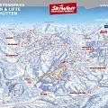 Eine detaillierte Ski-Piste-Karte der SkiWelt Wilder Kaiser-Brixental. Sie zeigt 275 km Pisten, 81 Bahnen und Lifte sowie 80 urige Hütten in einer bergigen Winterlandschaft.