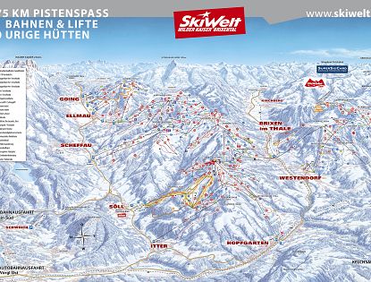 Eine detaillierte Ski-Piste-Karte der SkiWelt Wilder Kaiser-Brixental. Sie zeigt 275 km Pisten, 81 Bahnen und Lifte sowie 80 urige Hütten in einer bergigen Winterlandschaft.