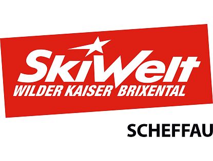 Rotes Winter Skigebiet Logo SkiWelt Wilder Kaiser Brixental mit Ortsangabe Bergbahn Scheffau