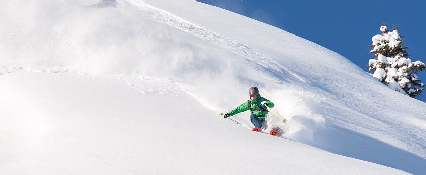 Skifahrer der im Tiefschnee fährt.