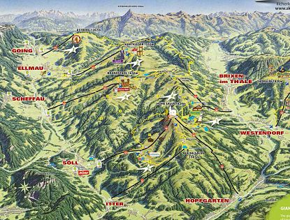 Sommer Karte der Bergwelt Wilder Kaiser Brixental mit Hütten, Restaurants, Ortschaften, Bergbahnen, Erlebniswelten eingezeichnet auf einer visualisierten Berglandschaft