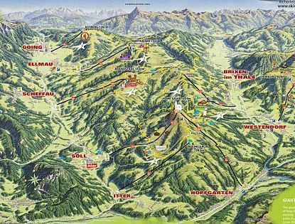 Sommer Karte der Bergwelt Wilder Kaiser Brixental mit Hütten, Restaurants, Ortschaften, Bergbahnen, Erlebniswelten eingezeichnet auf einer visualisierten Berglandschaft