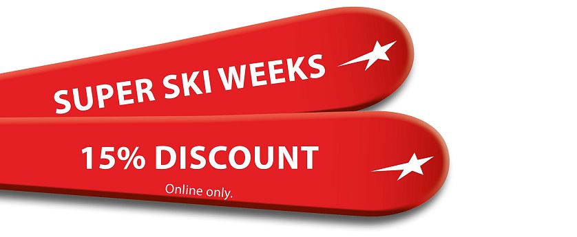 Zwei rote Ski auf weißem Hintergrund mit der Aufschrift Super Ski Weeks und 15% Discount