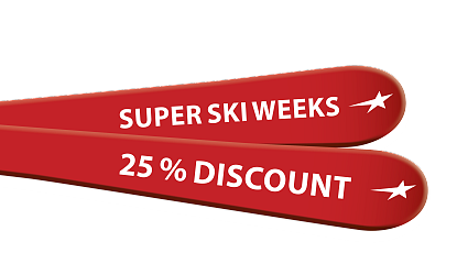Zwei rote Ski auf weißem Hintergrund mit der Aufschrift Super Ski Weeks und 15% Discount