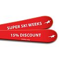 Zwei rote Ski auf weißem Hintergrund mit der Aufschrift Super Ski Weeks und 15% Discount