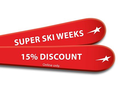Zwei rote Ski auf weißem Hintergrund mit der Aufschrift Super Ski Weeks und 15% Discount