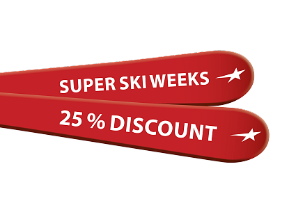 Zwei rote Ski auf weißem Hintergrund mit der Aufschrift Super Ski Weeks und 15% Discount