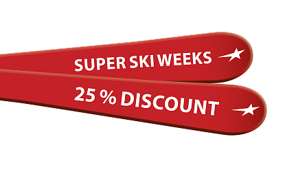 Zwei rote Ski auf weißem Hintergrund mit der Aufschrift Super Ski Weeks und 15% Discount