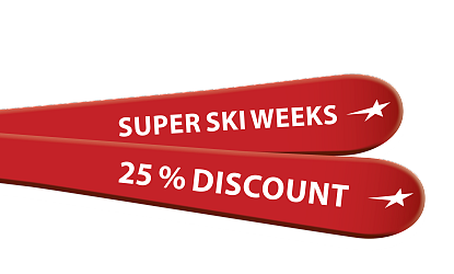 Zwei rote Ski auf weißem Hintergrund mit der Aufschrift Super Ski Weeks und 15% Discount