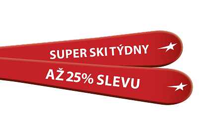 Zwei rote Skier mit weißer Schrift, die auf einen Skiurlaub und Rabatte bis zu 25% hinweisen.