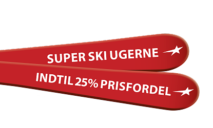 Zwei rote Skier mit weißer Schrift, auf dem linken Ski steht 'SUPER SKI UGERNE', auf dem rechten Ski 'INDTIL 25% PRISFORDEL'.