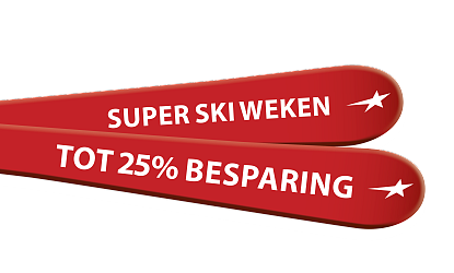 Zwei rote Skier mit dem Text "SUPER SKI WEKEN" und "TOT 25% BESPARING" darauf, auf schwarzem Hintergrund.