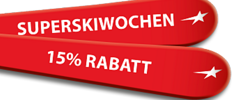 Zwei rote Skier mit der Aufschrift "SUPERSKIWOCHEN" und "15% RABATT" in Weiß vor schwarzem Hintergrund.