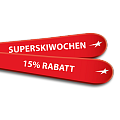 Zwei rote Skier mit der Aufschrift "SUPERSKIWOCHEN" und "15% RABATT" in Weiß vor schwarzem Hintergrund.