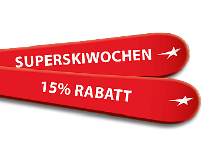 Zwei rote Skier mit der Aufschrift "SUPERSKIWOCHEN" und "15% RABATT" in Weiß vor schwarzem Hintergrund.