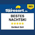 Auszeichnung für bestes Nachtskifahren 2025 an die SkiWelt Söll vom Portal Skiresort.de mit fünf Sternen bewertet