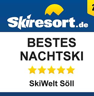 Auszeichnung für bestes Nachtskifahren 2025 an die SkiWelt Söll vom Portal Skiresort.de mit fünf Sternen bewertet