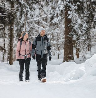 Zwei Winterwanderer die durch den verschneiten Wald wandern.