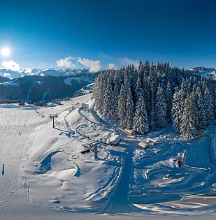 Panorambild der Winterlanschaft mit klar blauem Himmel.